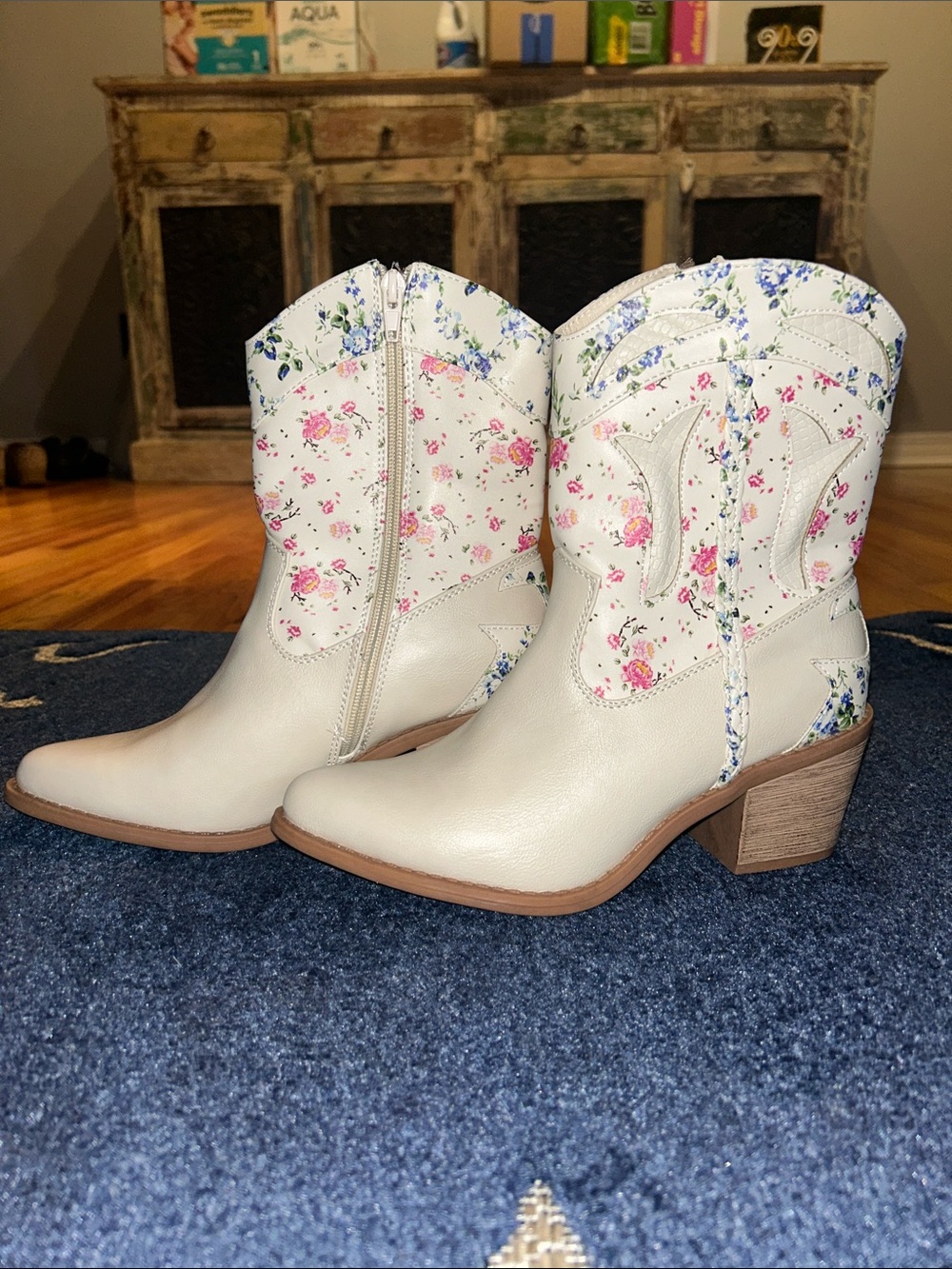 White Floral-Print Ankle Boots